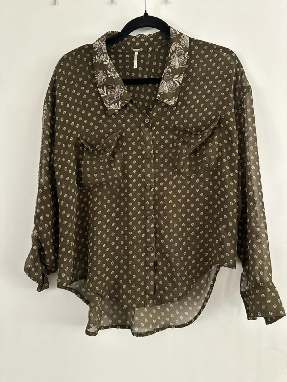 Free People Olive Green Printed Button-Down Shirt with Embroidered Collar
